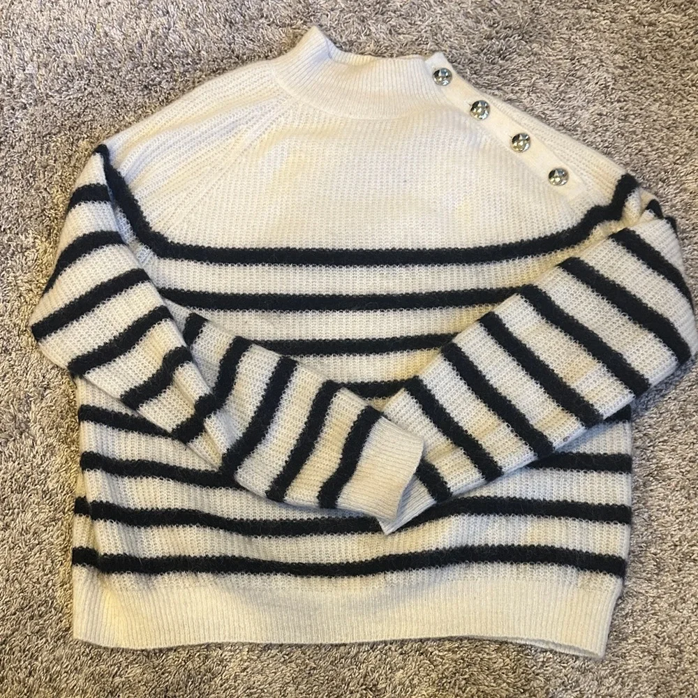 Sezane Cream and Black Striped Button Mohair Trudy Sweater/Jumper - Picture 2 of 7